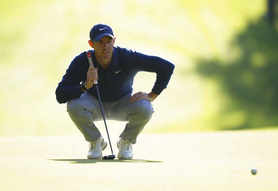 Northern Ireland's Rory McIlroy on the 4th during day one of the 2023 BMW PGA Championship at Wentworth Golf Club in Virginia Water, Surrey, England, Thursday, Sept. 14, 2023. (Zac Goodwin/PA via AP)