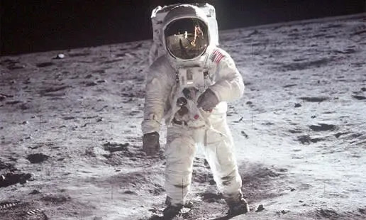 Classic image of Buzz Aldrin in astronaut suit on the Moon's surface.