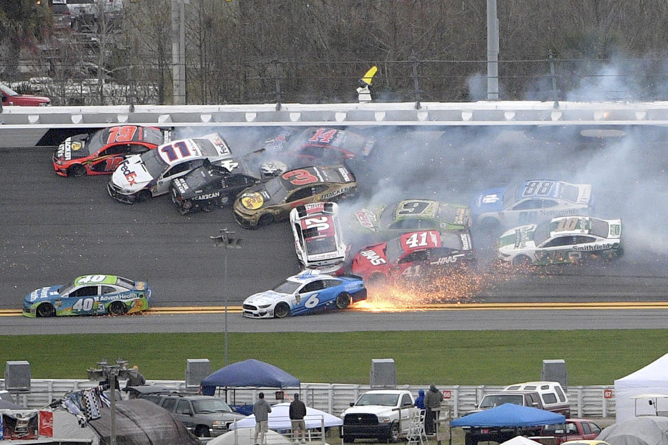 Martin Truex Jr. (19), Denny Hamlin (11), Kevin Harvick (4), Austin Dillon (3), Clint Bowyer (14), Erik Jones (20), Chase Elliott (9), Daniel Suarez (41), Ryan Newman (6), Alex Bowman (88) and Aric Almirola (10) were all collected in the Clash crash. (AP Photo/Phelan M. Ebenhack)