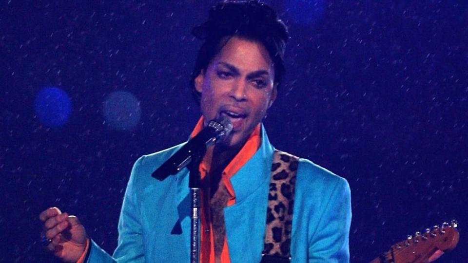 Prince performs in 2007 at the Super Bowl XLI halftime show in Miami Gardens, Florida. The late music superstar’s estate has announced the full lineup and schedule for Celebration 2023, an annual convention honoring him. (Photo by Doug Pensinger/Getty Images)