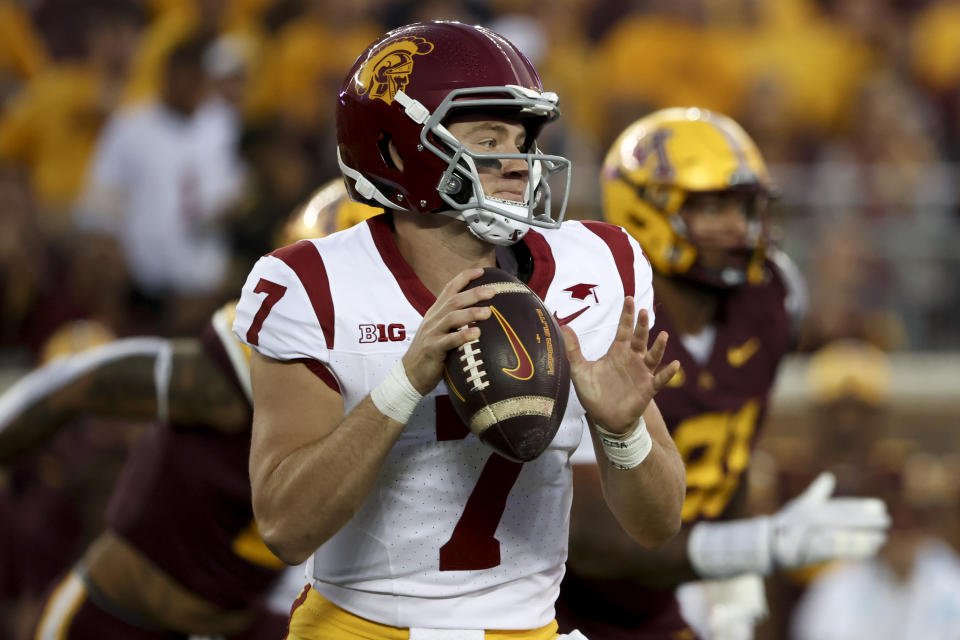 Southern California quarterback Miller Moss (7) looks to pass during the first half of an NCAA college football game against Minnesota, Saturday, Oct. 5, 2024, in Minneapolis. (AP Photo/Ellen Schmidt)