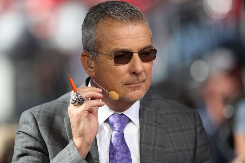 Urban Meyer speaks on the set of the Fox Network Big Noon Kickoff pregame show prior to the start of the Ohio State Buckeyes game against the Iowa Hawkeyes in Columbus, Ohio, on October 22, 2022. The broadcaster turns 60 on July 10. File Photo by Aaron Josefczyk/UPI