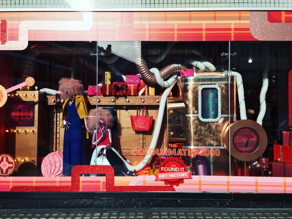 <p>Debenhams’ display is littered with bright purple cogs and kooky machinery [Photo: Debenhams] </p>