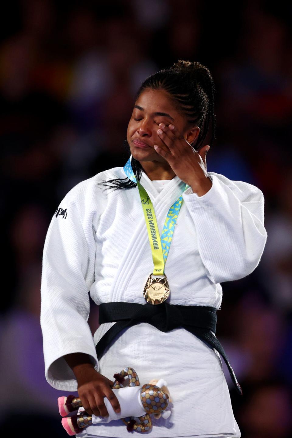 Gold medallist Michaela Whitebooi of Team South Africa celebrates during the Judo Women - 48 kg medal ceremony (Getty Images)