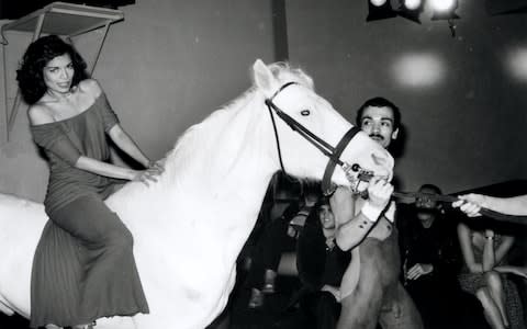 Bianca Jagger on a white horse at Studio 54