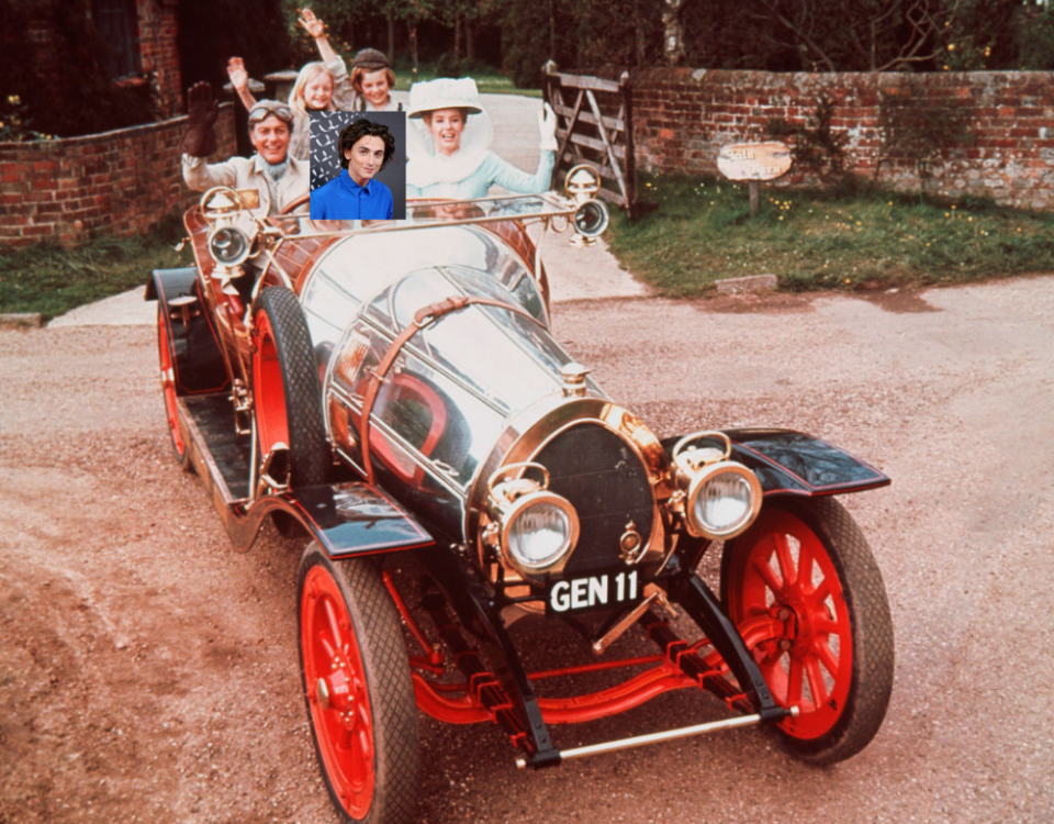 Timmy's photo superimposed into a photo of a scene from the movie with everyone riding in the Chitty Chitty Bang Bang car