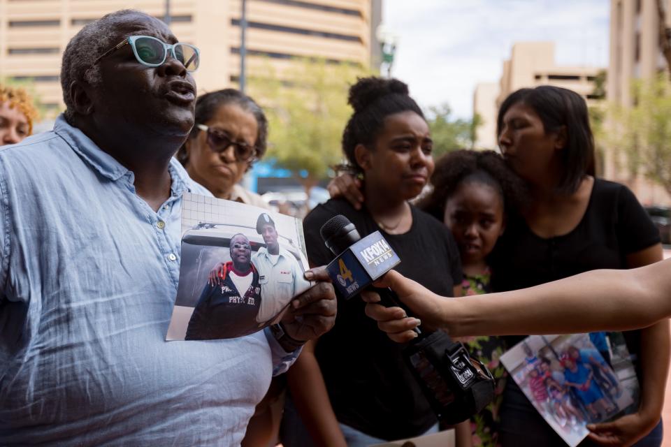 Barbara Thompson, the mother of Michael Charles Thompson, speaks at a new conference outside the El Paso County Courthouse on Thursday, June 27, 2024. Her son died on June 27, 2022 in police custody as he was seeking help in a mental health crisis.