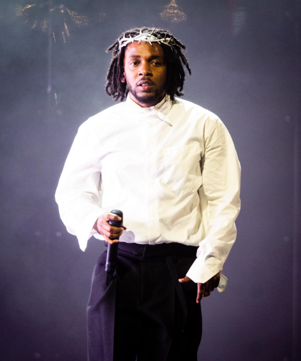 GLASTONBURY, ENGLAND – JUNE 26: Kendrick Lamar performs as he headlines the Pyramid Stage during day five of Glastonbury Festival at Worthy Farm, Pilton on June 26, 2022 in Glastonbury, England. (Photo by Samir Hussein/WireImage)