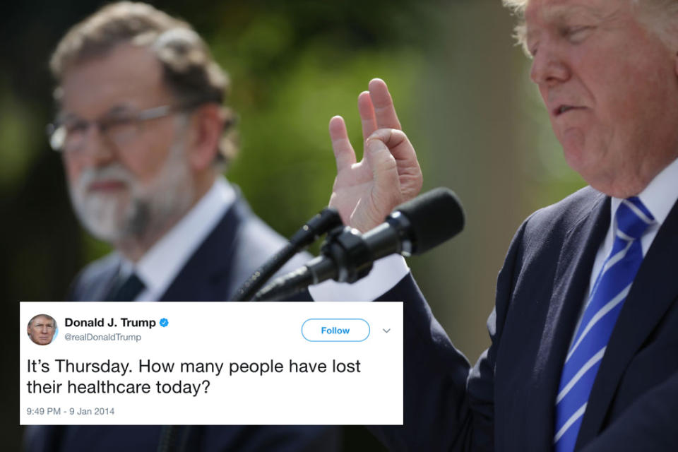 <p>In 2014, Trump posted this tweet in response to Obama’s changing Affordable Care Act premiums, which were undergoing some difficulties due to the two-step application process at the time. He was trying to convince people that Obamacare would leave many people worse off when it came to health insurance. Once in power, Trump’s attempts to dismantle Obamacare could affect, according to S&P Global Ratings, between six-10 million people. This could lead to <strong><a rel="nofollow noopener" href="https://www.urban.org/research/publication/implications-partial-repeal-aca-through-reconciliation" target="_blank" data-ylk="slk:36,000 extra deaths" class="link ">36,000 extra deaths</a></strong> a year. (Getty) </p>
