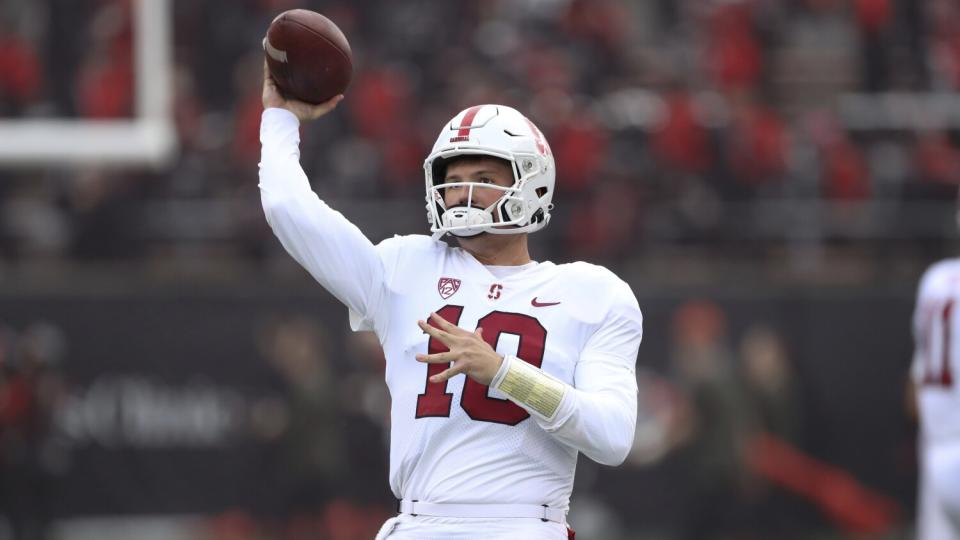 Stanford quarterback Jack West (10) warms up before facing Oregon State