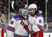 Jan 19, 2019; Boston, MA, USA; New York Rangers center Mika Zibanejad (93) congratulates goaltender Henrik Lundqvist (30) after their 3-2 win over the Boston Bruins at TD Garden. Mandatory Credit: Winslow Townson-USA TODAY Sports