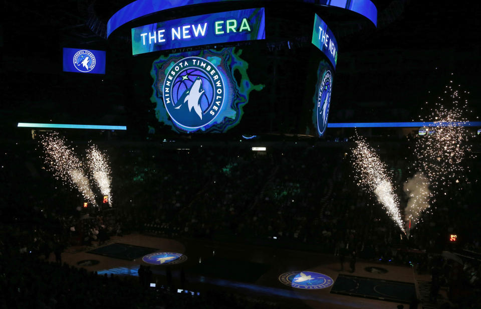 A new Minnesota Timberwolves logo is unveiled on the scoreboard during halftime of the team's NBA basketball game against the Oklahoma City Thunder on Tuesday, April 11, 2017, in Minneapolis. (AP Photo/Jim Mone)