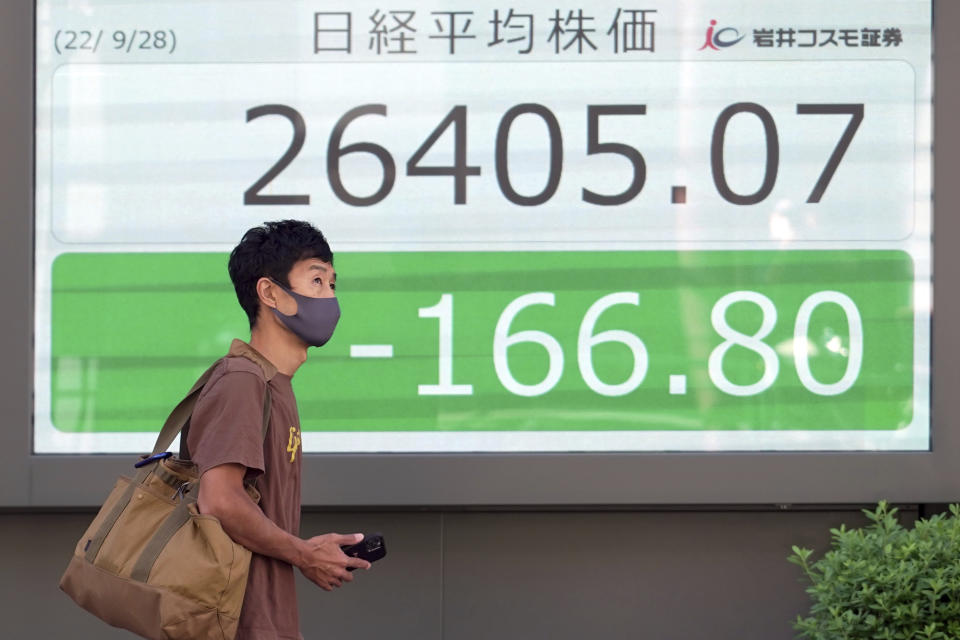 A person wearing a protective mask walks in front of an electronic stock board showing Japan's Nikkei 225 index at a securities firm Wednesday, Sept. 28, 2022, in Tokyo. Asian shares tumbled Wednesday after a wobbly day ended with mixed results on Wall Street as markets churn over the prospect of a possible recession. (AP Photo/Eugene Hoshiko)