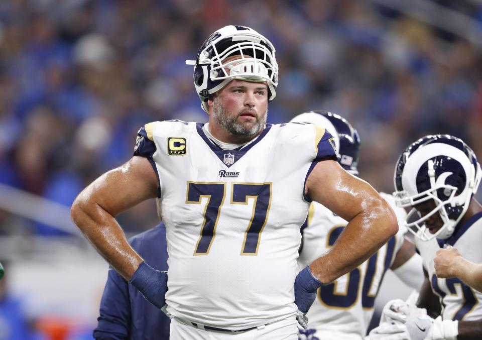 Los Angeles Rams offensive tackle Andrew Whitworth during the first half of an NFL football game against the Detroit Lions in Detroit. Rams offensive tackle Andrew Whitworth is in the playoffs for the seventh time in eight seasons but there is one thing he is still chasing, a postseason win. (AP Photo/Paul Sancya, File)