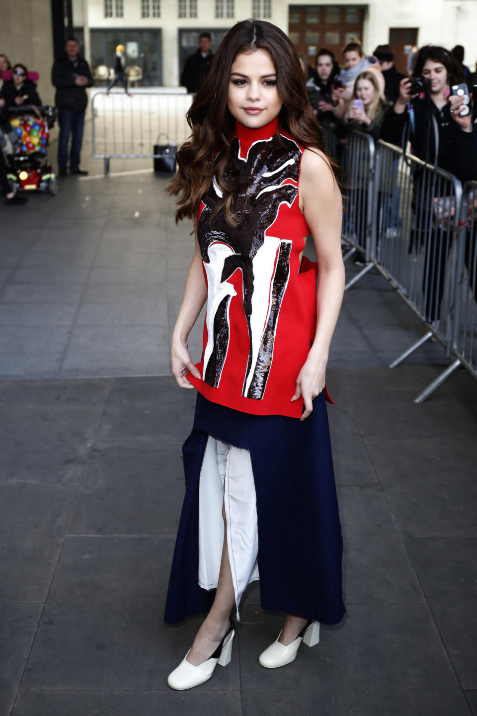 Selena Gomez in an ensemble inspired by modern art from Marni. 