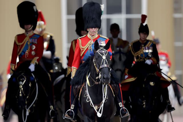 <p>Chris Jackson/Getty</p> From left: Prince William, King Charles and Princess Anne ride on horseback at Trooping the Colour on June 17, 2023