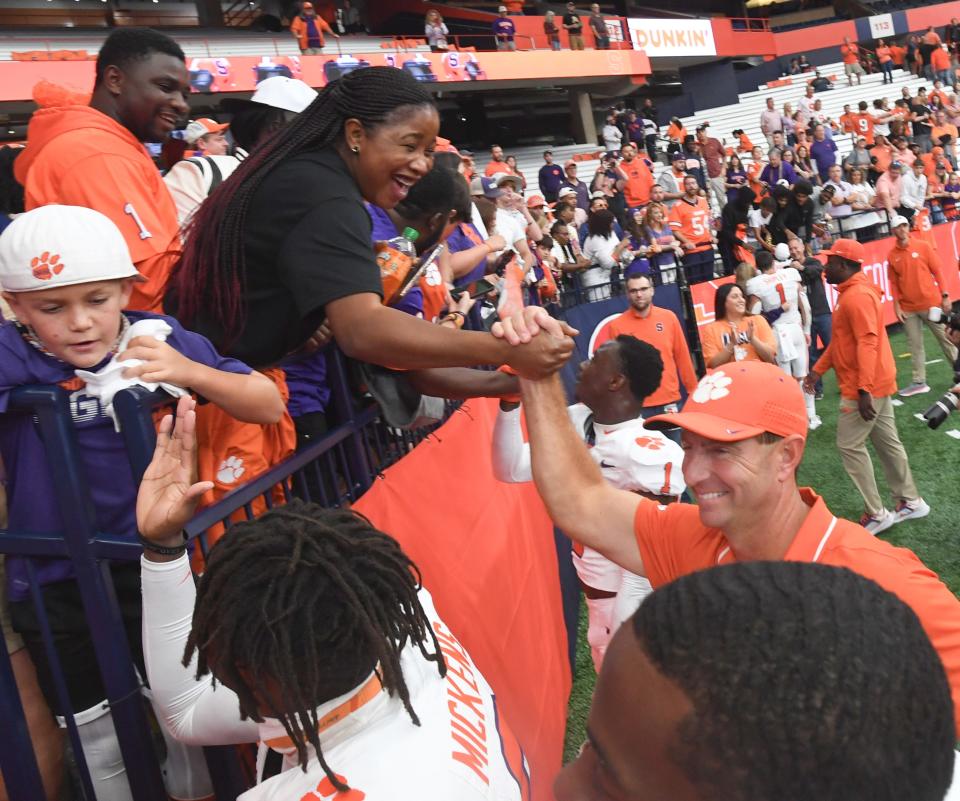 Clemson head coach Dabo Swinney greets Tiger fans after a 31-14 win over Syracuse Sep 30, 2023; Syracuse, New York, USA; at JMA Wireless Dome.