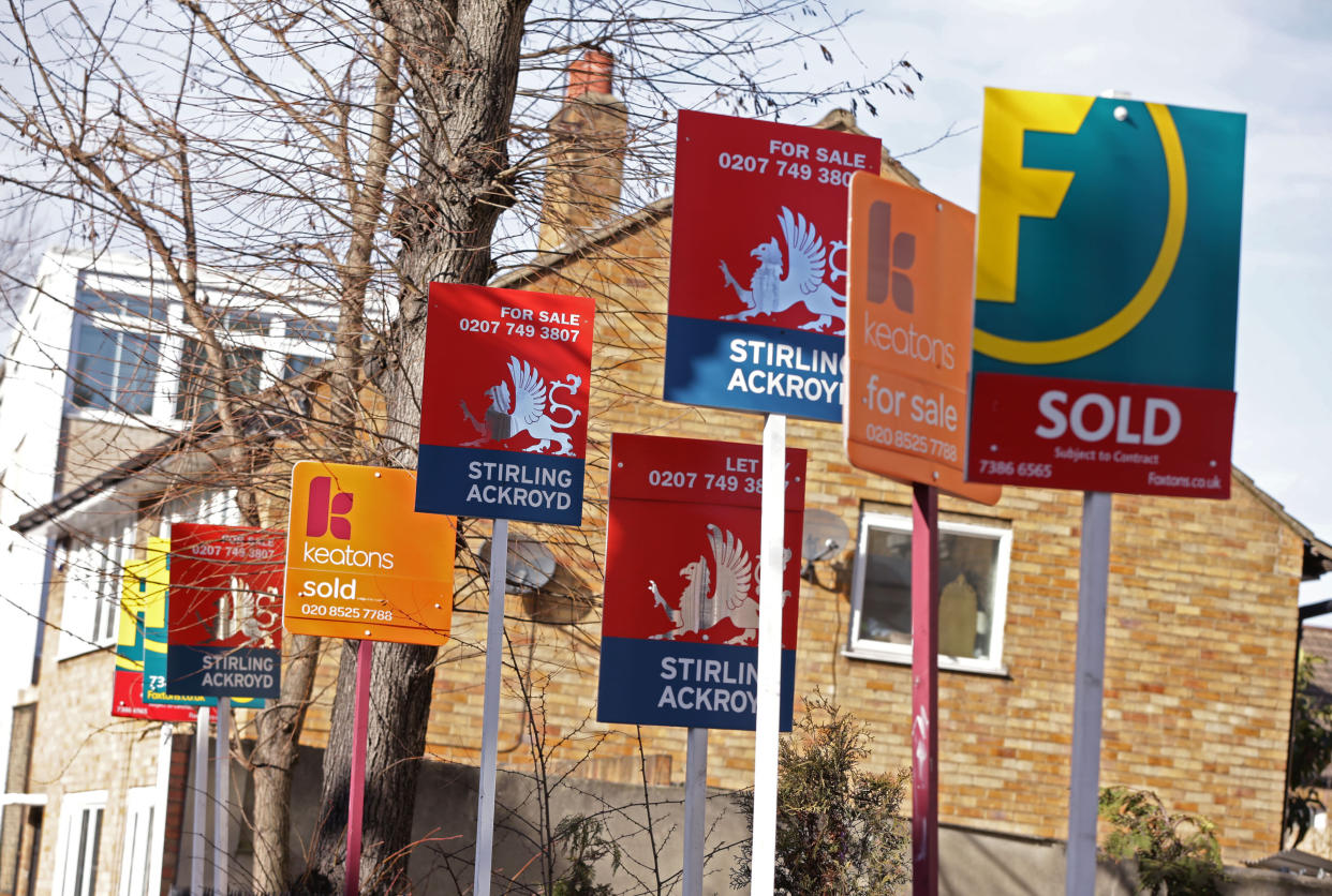 Embargoed to 0001 Thursday March 14 File photo dated 1/3/2015 of a row of estate and letting agent signs displayed outside houses in Clapton, east London. Prolonged Brexit uncertainty is damaging confidence in the housing market and overshadowing other pressing issues, as the number of properties for sale sits at record low levels, surveyors have warned.