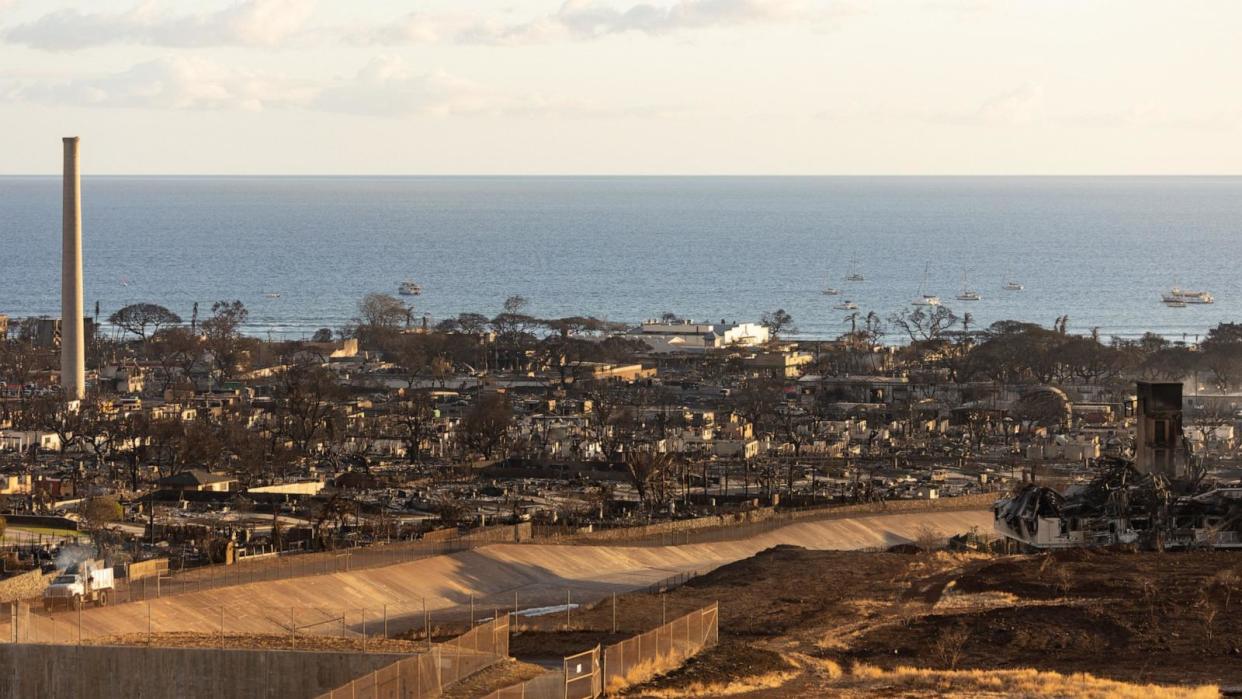 PHOTO: Burned houses and buildings are pictured in the aftermath of a wildfire, is seen in Lahaina, western Maui, Hawaii August 12, 2023. (Yuki Iwamura/AFP via Getty Images)