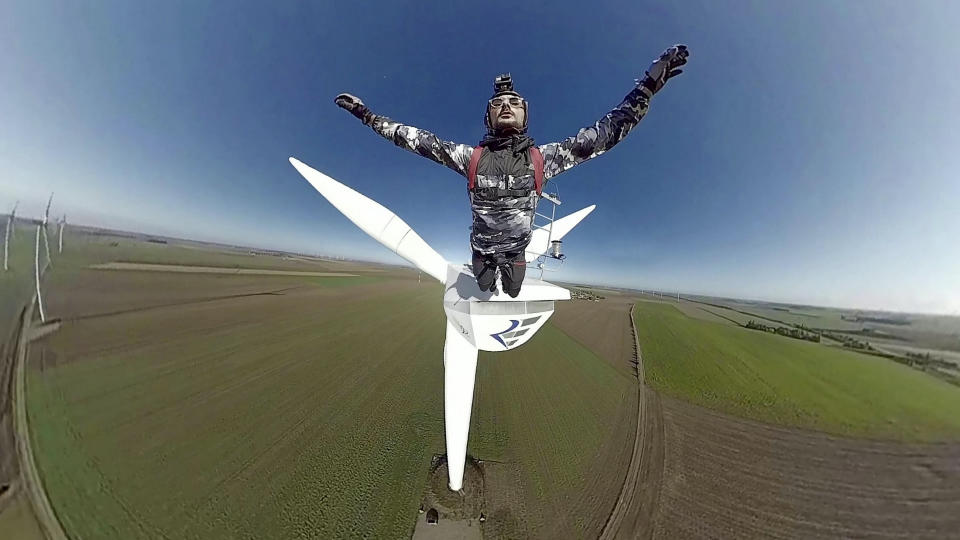 A daring BASE jumper performed a perfect 'low level' stunt from a wind turbine but ended up face-planting the ground after he literally ploughed into a field. Kevin Marret, 28, had a lucky escape - with only his ego bruised - after the less than stellar landing after leaping off the 280ft turbine in the Midi- Pyrenees. The beautiful footage starts out well as Kevin jumps and freefalls for a moment before pulling his shoot. But he opened his chute a fraction of a second too late and, due to excessive forward momentum, ate dirt. Luckily Kevin was uninjured hurt and can see the funny side of the whole affair. Kevin, from Paris, France, said: “I was visiting the location for Base jumping. I performed my chute pull too low, plus it was a bit windy. I need less delay before I pull next time.”