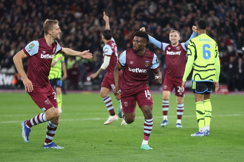 West Ham United's Mohammed Kudus celebrates scoring his side's second goal  during the Carabao Cup Fourth Round match between West Ham United and Arsenal at London Stadium on November 1, 2023 in London, England.