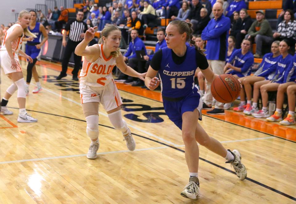 Clear Creek Amana’s Lena Evans (15), shown in a game earlier in the season, finished with 12 points against West Delaware on Friday.