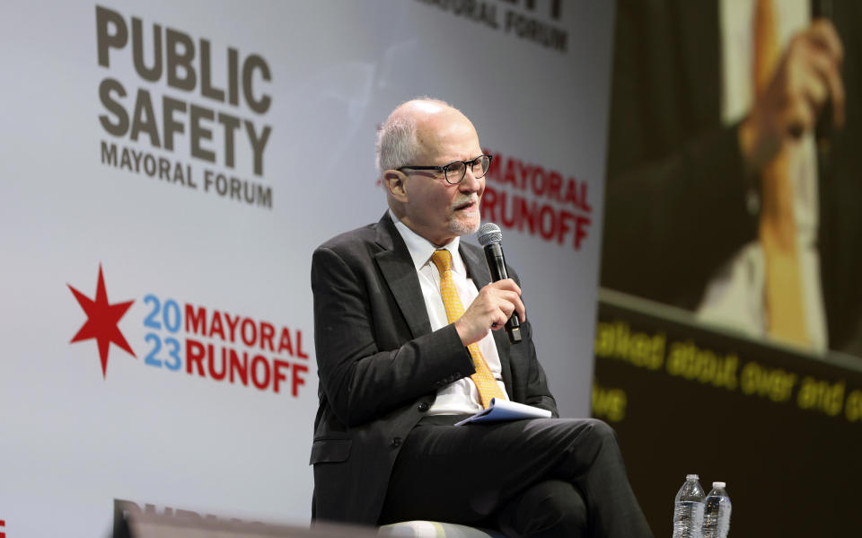 FILE - Chicago mayoral candidate Paul Vallas participates in a public safety forum in Chicago, Tuesday, March 14, 2023. How best to manage Chicago’s financial challenges is among the many issues separating candidates Brandon Johnson and Paul Vallas heading into the April 4 runoff for mayor. (AP Photo/Teresa Crawford, File)