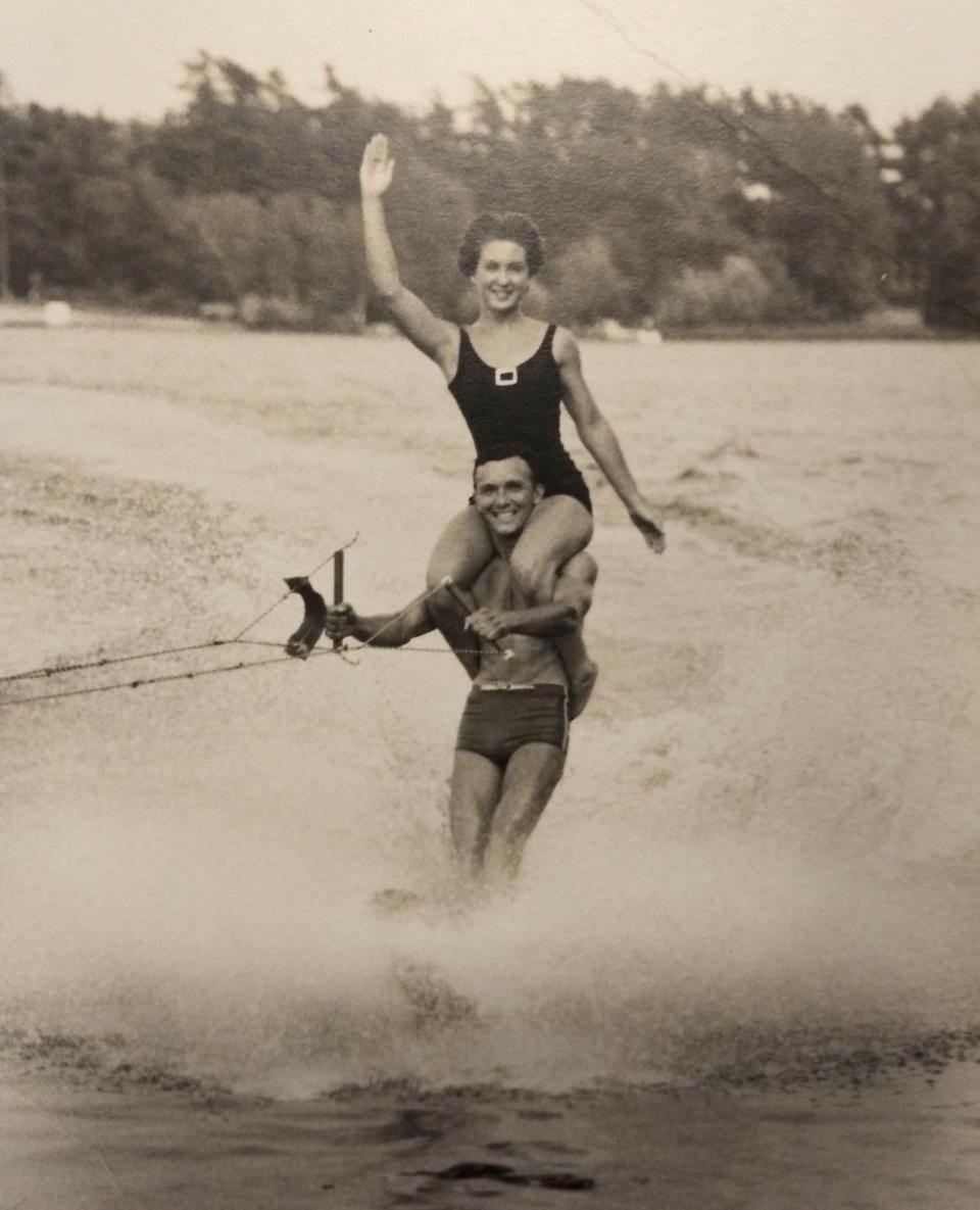 Al Meserve loved to water-ski with the Myles Standish Water Ski Club on Olden Pond in Pembroke in his youth. Here he is at age 25 with his water-ski partner in the Catskills in New York. They won some championships.