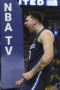 Dallas Mavericks guard Luka Doncic reacts against the Golden State Warriors during the first half of Game 2 of the NBA basketball playoffs Western Conference finals in San Francisco, Friday, May 20, 2022. (AP Photo/Jed Jacobsohn)