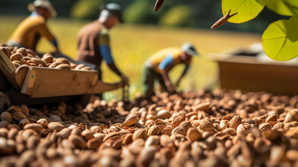 A farmer with a team of workers harvesting fresh nuts on a tree-dotted field.