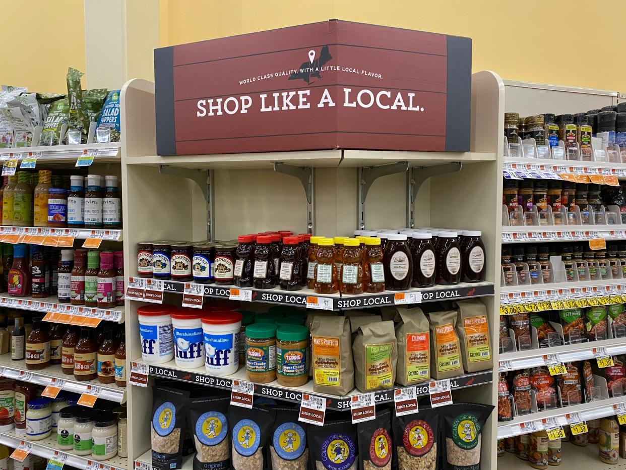 Hannaford Supermarket has increased emphasis on local products, whether in the region or in the state. Seen here is a special local-only shelf in the Taunton store. January 12, 2024.