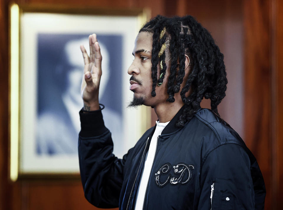 Memphis Grizzlies player Ja Morant appears in Judge Carol Chumney's courtroom at Shelby County Circuit Court, on Monday, Dec. 11, 2023, in Memphis, Tenn. The hearing is to determine whether Morant used self defense during a fight last summer at his home. (Mark Weber/Daily Memphian via AP)