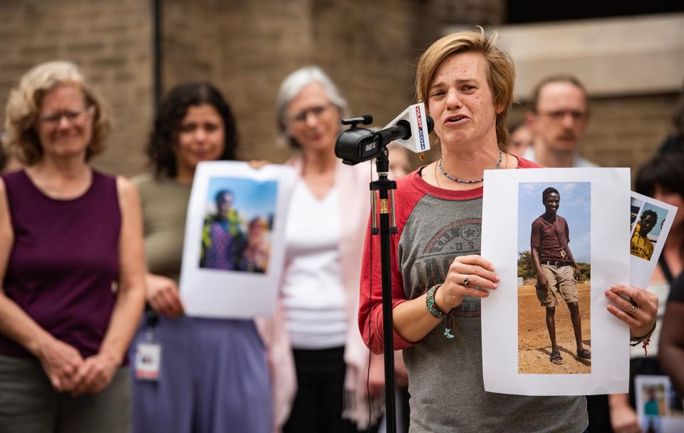 Karissa Bowley, Dau Mabil's wife, speaks during a press conference to ask for the public's help in finding Mabil at St. Andrew's Episcopal Cathedral in Jackson Miss., on Monday, Apr. 1, 2024. Bowley asked residents of Belhaven Heights to send in any door camera footage they have from the day he disappeared, March 25, even if he is not in it.