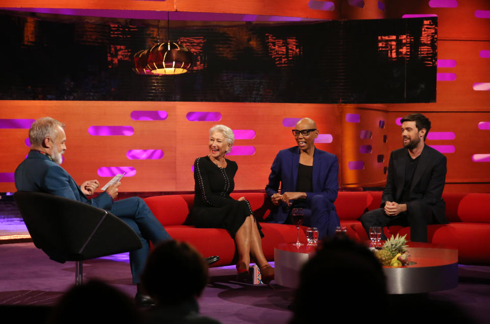 (left to right) Host Graham Norton, Helen Mirren, RuPaul and Jack Whitehall during the filming for the Graham Norton Show at BBC Studioworks 6 Television Centre, Wood Lane, London, to be aired on BBC One on Friday evening. (Photo by Isabel Infantes/PA Images via Getty Images)