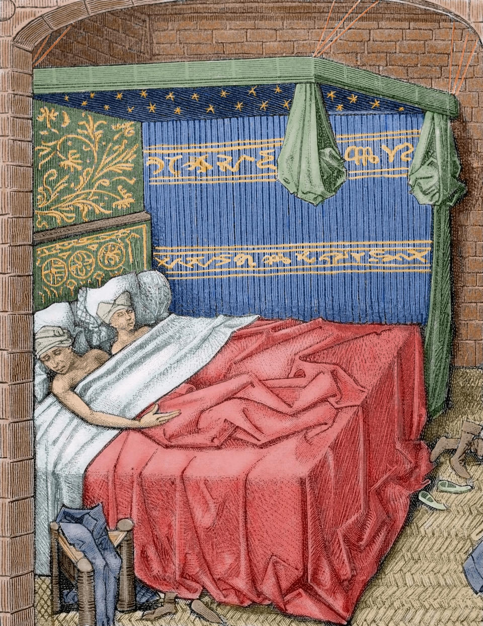 Couple in bed. 15th century. Engraving of 