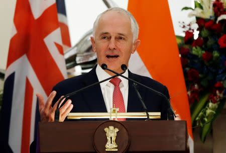 Australia’s Prime Minister Malcolm Turnbull gestures as he reads a joint statement with his Indian counterpart Narendra Modi (unseen) at Hyderabad House in New Delhi, India, April 10, 2017. REUTERS/Adnan Abidi