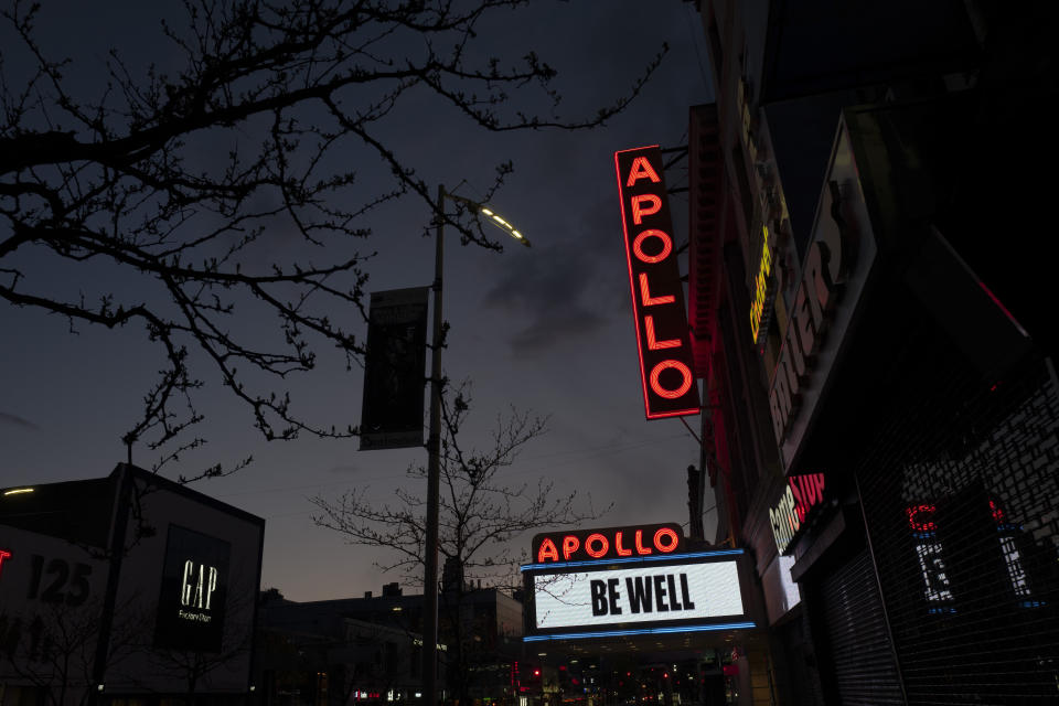 The Apollo Theater is closed due to the coronavirus pandemic but carries the message "Be Well," Thursday, April 16, 2020, in the Harlem neighborhood of New York. Most entertainment venues nationwide are closed during the COVID-19 coronavirus pandemic. (AP Photo/Mark Lennihan)