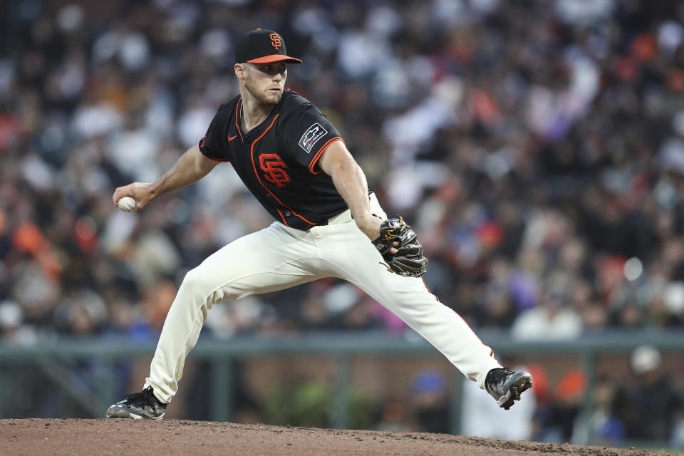 San Francisco Giants pitcher Landen Roupp throws to a San Diego Padres batter during the seventh inning of a baseball game in San Francisco, Saturday, April 6, 2024. (AP Photo/Kavin Mistry)