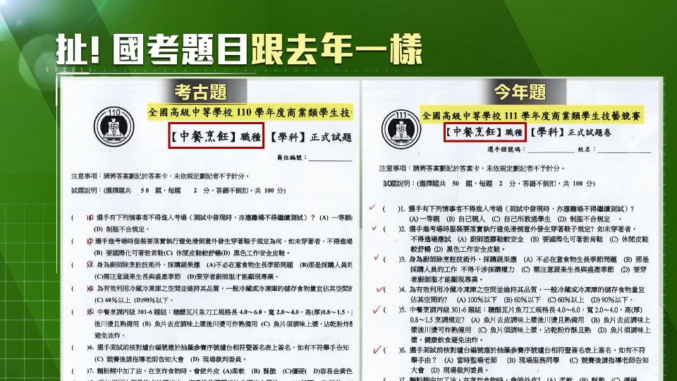 「技藝競賽」的學科考題被發現跟去年完全一樣。（圖／東森新聞）