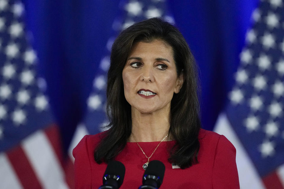 FILE - Republican presidential candidate former UN Ambassador Nikki Haley speaks during a news conference, March 6, 2024, in Charleston, S.C. Haley's base of voters and donors was never big enough to seriously challenge Donald Trump. But her supporters are still splintered weeks after she dropped out of the GOP primary. If that holds, it could hurt Trump's general election chances. (AP Photo/Chris Carlson, File)