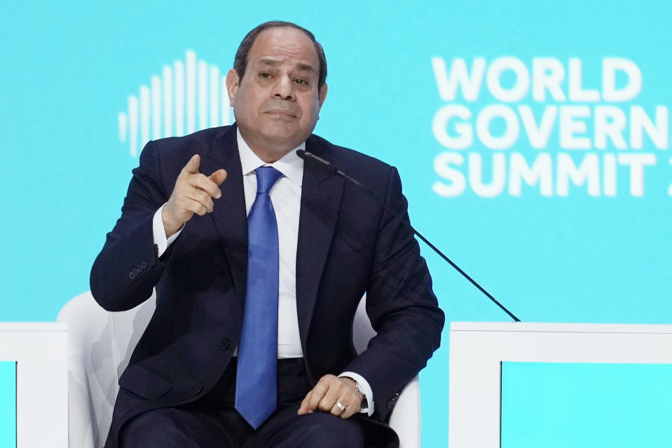 Egyptian President Abdel Fattah el-Sissi talks during the World Government Summit opening day in Dubai, United Arab Emirates, Monday, Feb 13, 2023. El-Sissi offered effusive praise Monday for the United Arab Emirates, seeking to repair a rift between Cairo and the Gulf Arab states that have supplied billions of dollars in aid to his nation. (AP Photo/Kamran Jebreili)