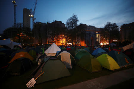 The tents of climate change activists are seen during a Extinction Rebellion protest at Marble Arch in London, Britain April 16, 2019. REUTERS/Hannah McKay