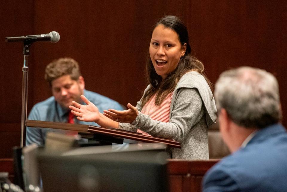 Jenifer Brister, an immigrant from Honduras, speaks after becoming a naturalized American citizen during a naturalization ceremony at Dan M. Russell Courthouse in Gulfport on Thursday, Oct. 19, 2023.