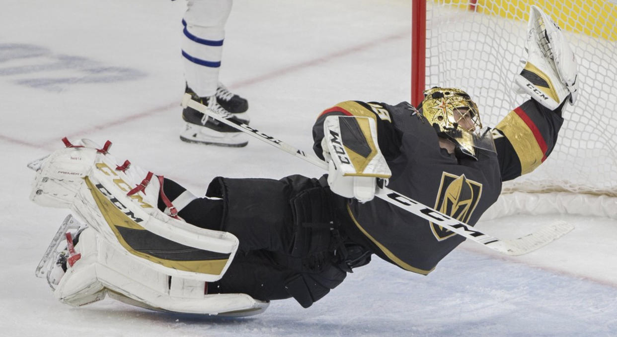 Marc-Andre Fleury of the Vegas Golden Knights may have made the save of the year late in the third period against the Toronto Maple Leafs on Tuesday night. (Twitter//@@benjaminhphoto via @HockeyinVegas)