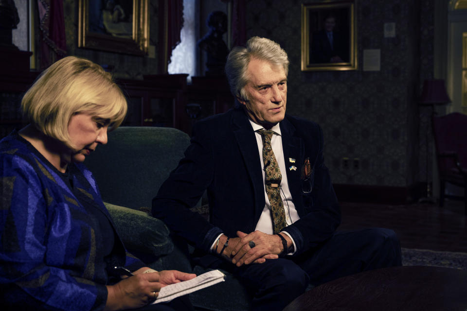 Former President of Ukraine Viktor Yushchenko sits for an interview alongside his wife Kateryna at the Urban League of Philadelphia, Monday, May 13, 2024. Yushchenko said the long delay by the U.S. Congress in approving military aid for his country was “a colossal waste of time,” that sent a signal to Russian President Vladimir Putin to inflict more suffering in the two-year invasion and would only prolong the war. (AP Photo/Joe Lamberti)