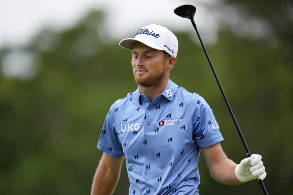 Will Zalatoris reacts after a shot on the 13th hole during the final round of the U.S. Open golf tournament at The Country Club, Sunday, June 19, 2022, in Brookline, Mass. (AP Photo/Julio Cortez)