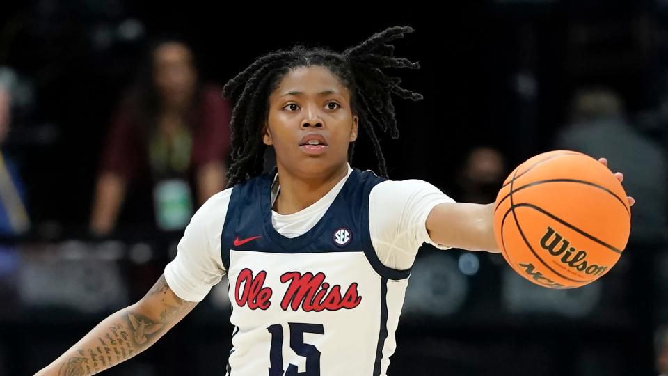 Mississippi's Angel Baker plays against Florida in an NCAA college basketball game at the women's Southeastern Conference tournament Friday, March 4, 2022, in Nashville, Tenn. (AP Photo/Mark Humphrey)