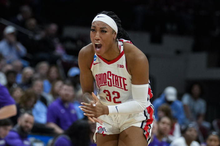 Ohio State forward Cotie McMahon (32) celebrates a basket against James Madison in the second half of a first-round college basketball game in the women's NCAA Tournament in Columbus, Ohio, Saturday, March 18, 2023. Ohio State defeated James Madison 80-66. (AP Photo/Michael Conroy)