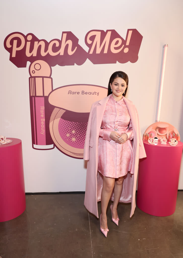 Selena Gomez celebrates the launch Of Rare Beauty's Soft Pinch Luminous Powder Blush on April 6 in New York, celebrity style, Versace, Staud