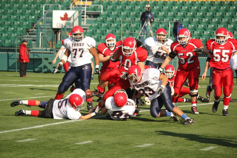 Hornell Red Raiders' Zack Bacon (40) plows ahead for gain during a 2012 NYS Class C playoff game. Bacon, a 2013 graduate, will be inducted into the Hornell High School Sports Hall of Fame on Sept. 9.